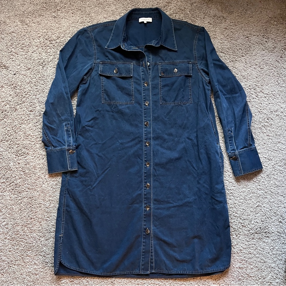 $598 Lafayette 148 Marine Blue Thommme Denim Shirt Dress size Large